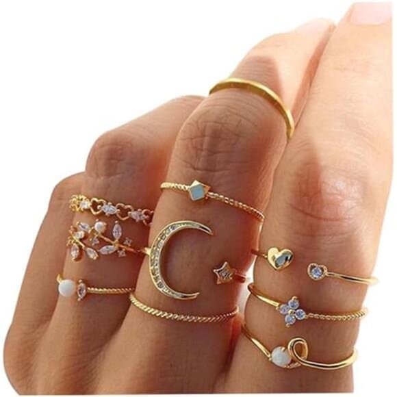 Gold Stackable Rings Set | Moon, Star, Pearl & Boho Knuckle Rings - Picture 1 of 4